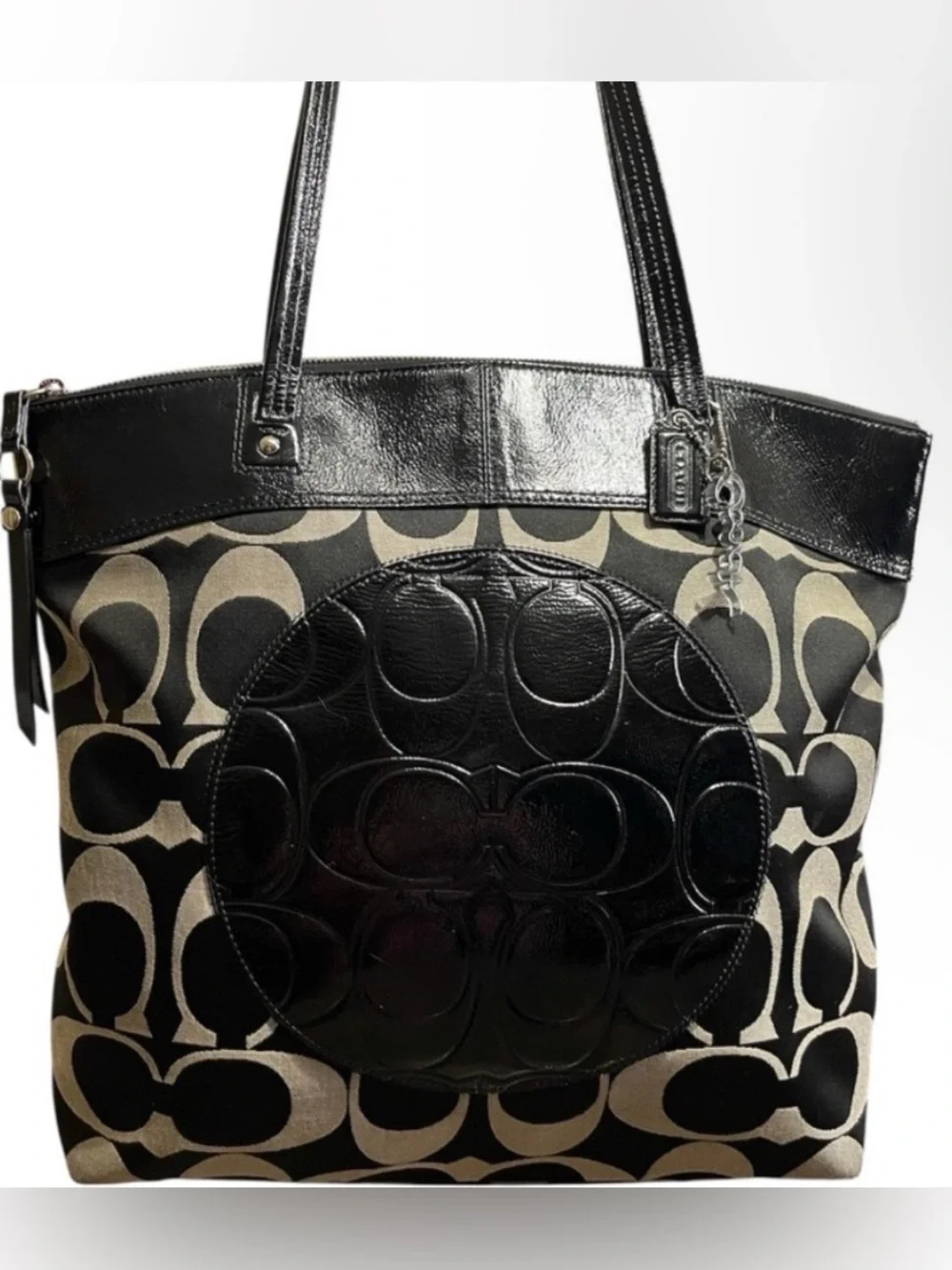 Coach EUC Laura Signature Canvas Tote with Patent Leather Accents